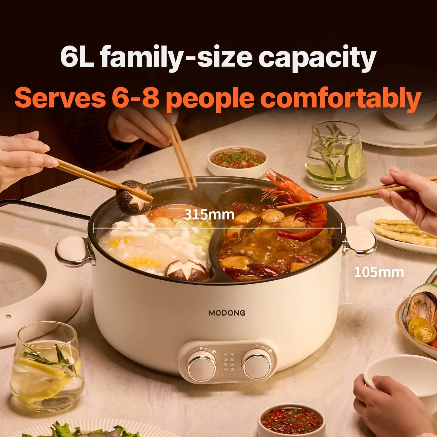 6L Dual Zone Electric Hot Pot With Independent Temperature Control