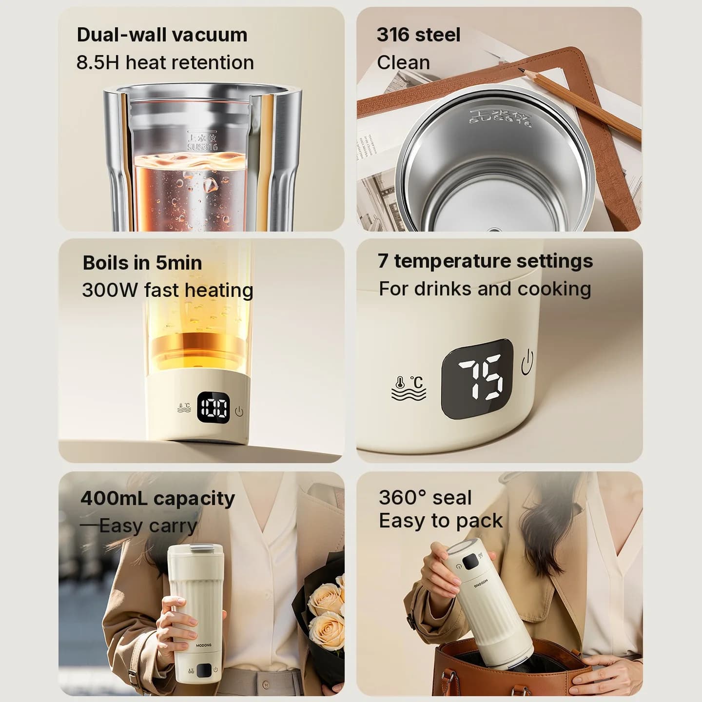 Portable Electric Heating Cup, 400mL, 7 Temperature Settings