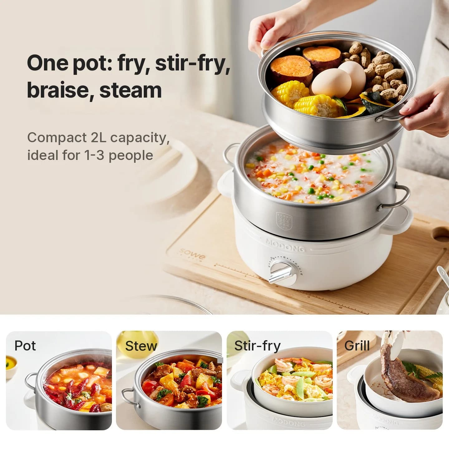 Split Electric Hot Pot Stainless Steel 2L 3-Heat Settings