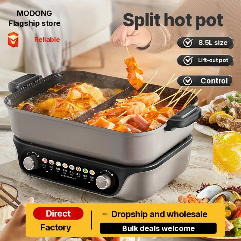 Electric Split Hot Pot, Dual Knob Control, 8L, Black