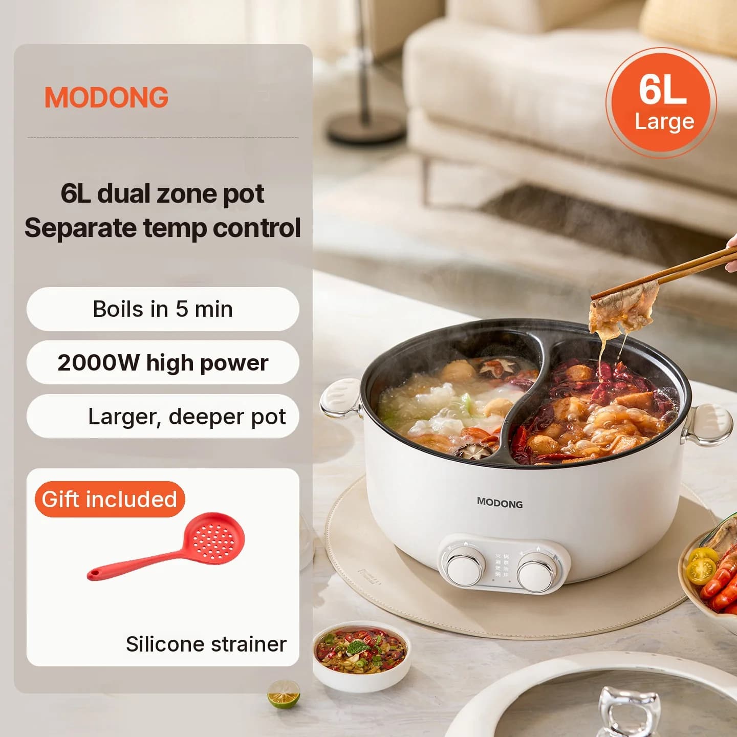 6L Dual Zone Electric Hot Pot With Independent Temperature Control