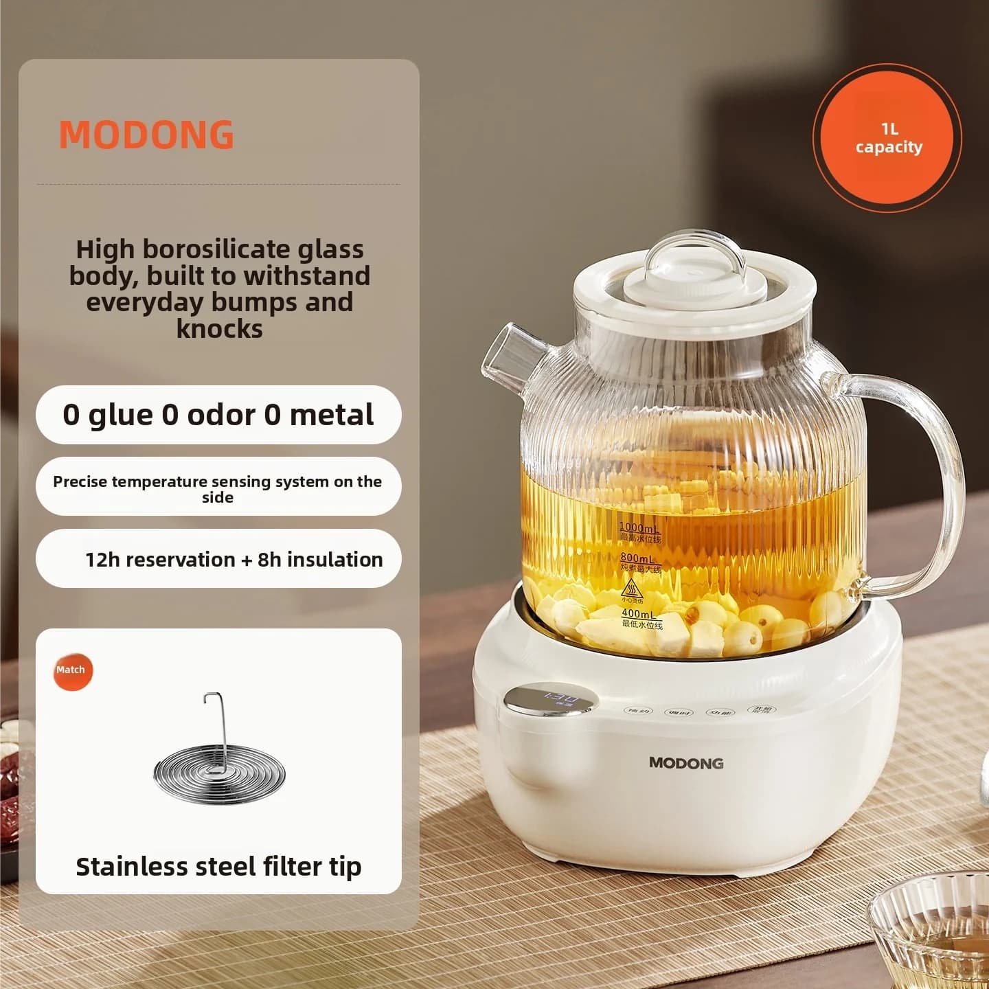 Electric Glass Health Pot with Temperature Control and Tea Steamer