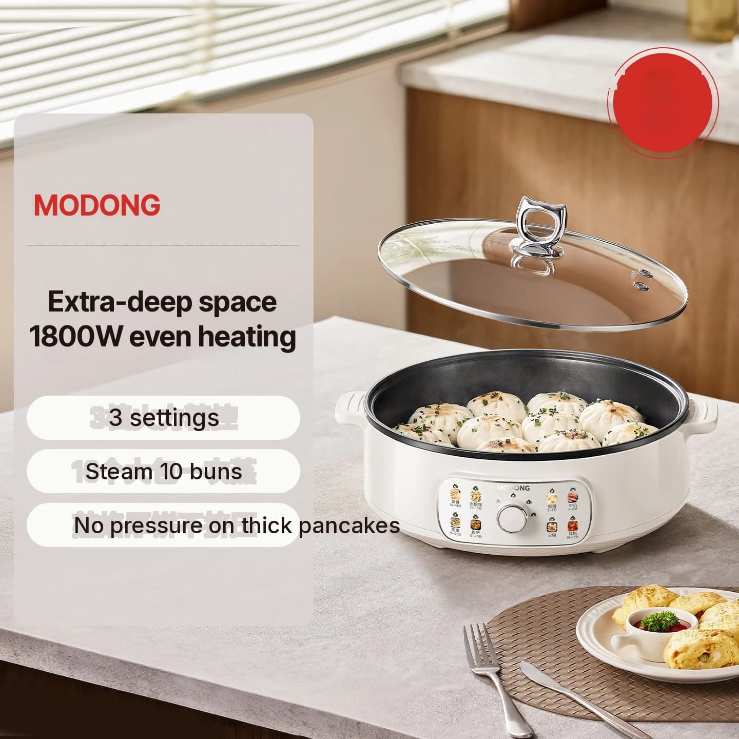 Electric Griddle Pan with Lid 1800W 3 Heat Settings Non-Stick