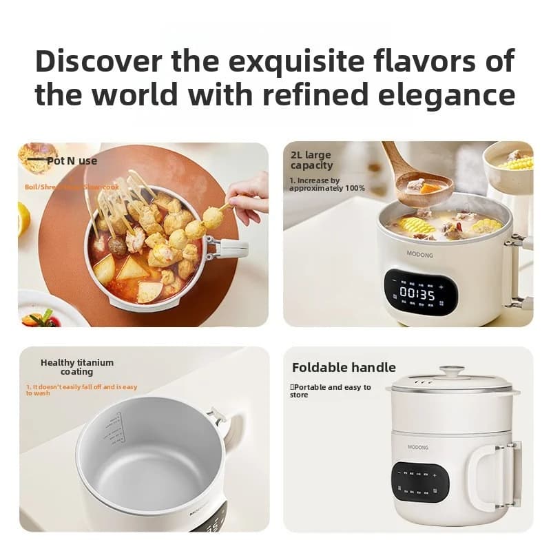 Mini Electric Cooking Pot 2L Nonstick Ceramic Liner with Steamer