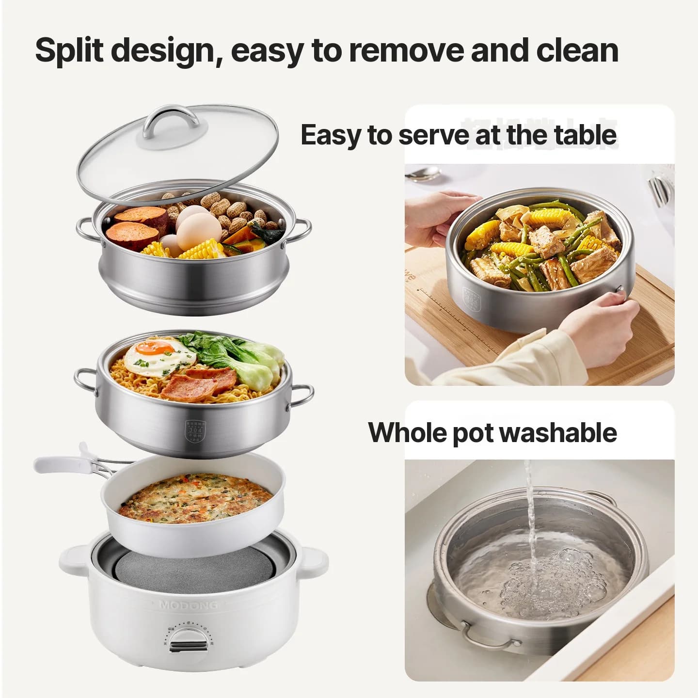 Split Electric Hot Pot Stainless Steel 2L 3-Heat Settings