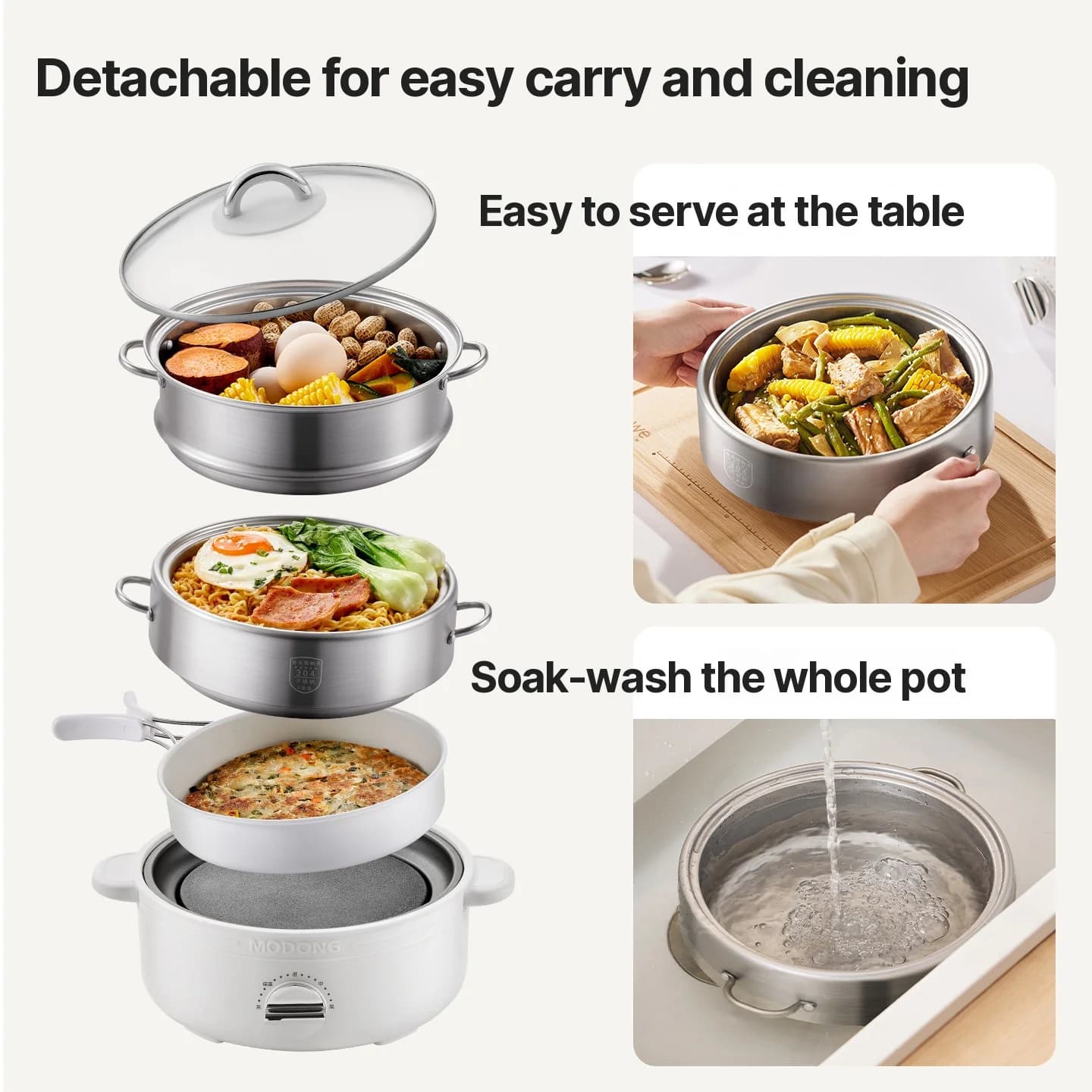 Split Electric Hot Pot Stainless Steel 2L 3-Heat Settings