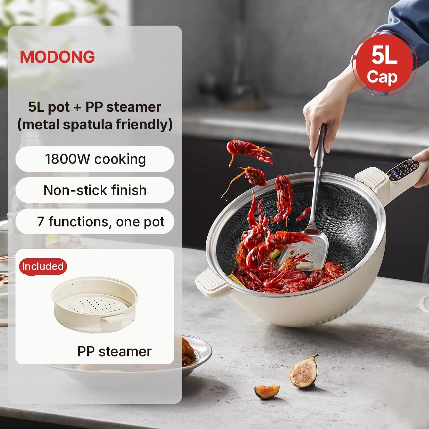 Electric Multifunction Hot Pot with Steam Basket 5L 220V