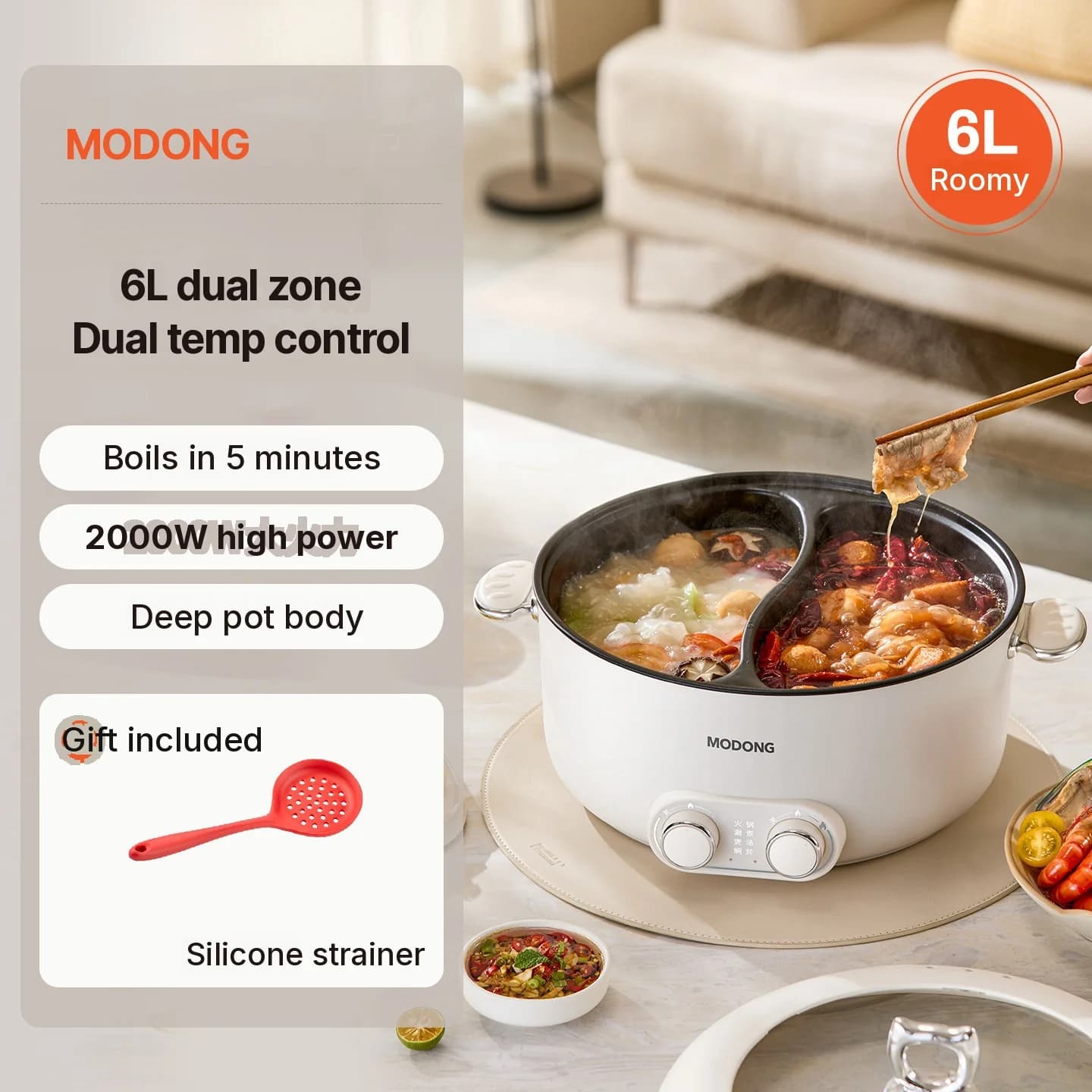 6L Dual Zone Electric Hot Pot With Independent Temperature Control
