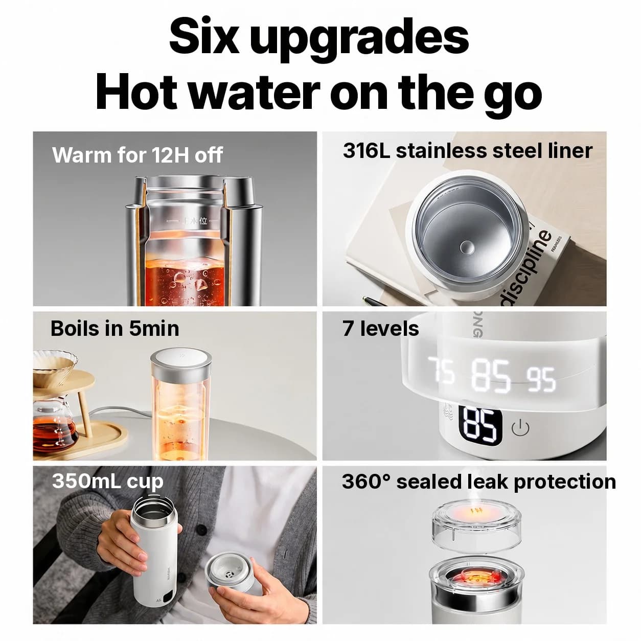 Portable Electric Water Heating Cup 350ml 316L Stainless Steel