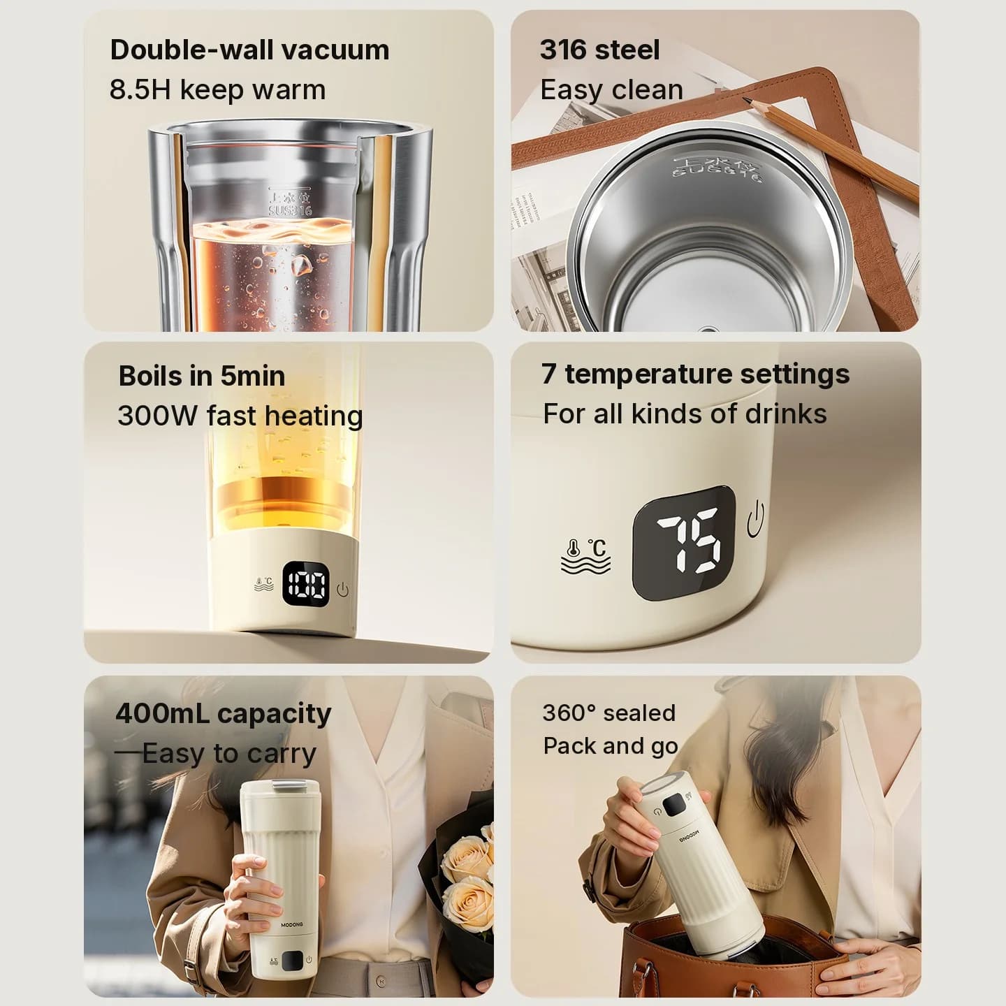 Portable Electric Heating Cup, 400mL, 7 Temperature Settings
